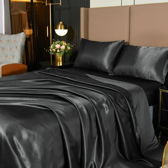 Btargot 4Pcs Black Satin Sheets Queen Set Silk Sheets 13" Deep Pocket Ultra Soft silky Bed Sheet Set