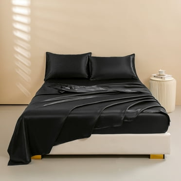 Btargot 4Pcs Black Satin Sheets Queen Set Silk Sheets 13" Deep Pocket Ultra Soft silky Bed Sheet Set