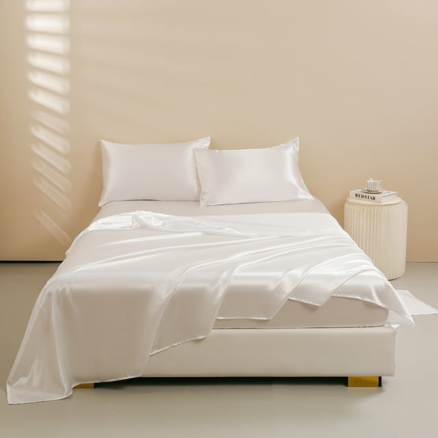 Btargot 4Pcs Satin Sheets Queen White Silk Sheets Deep Pocket Luxury