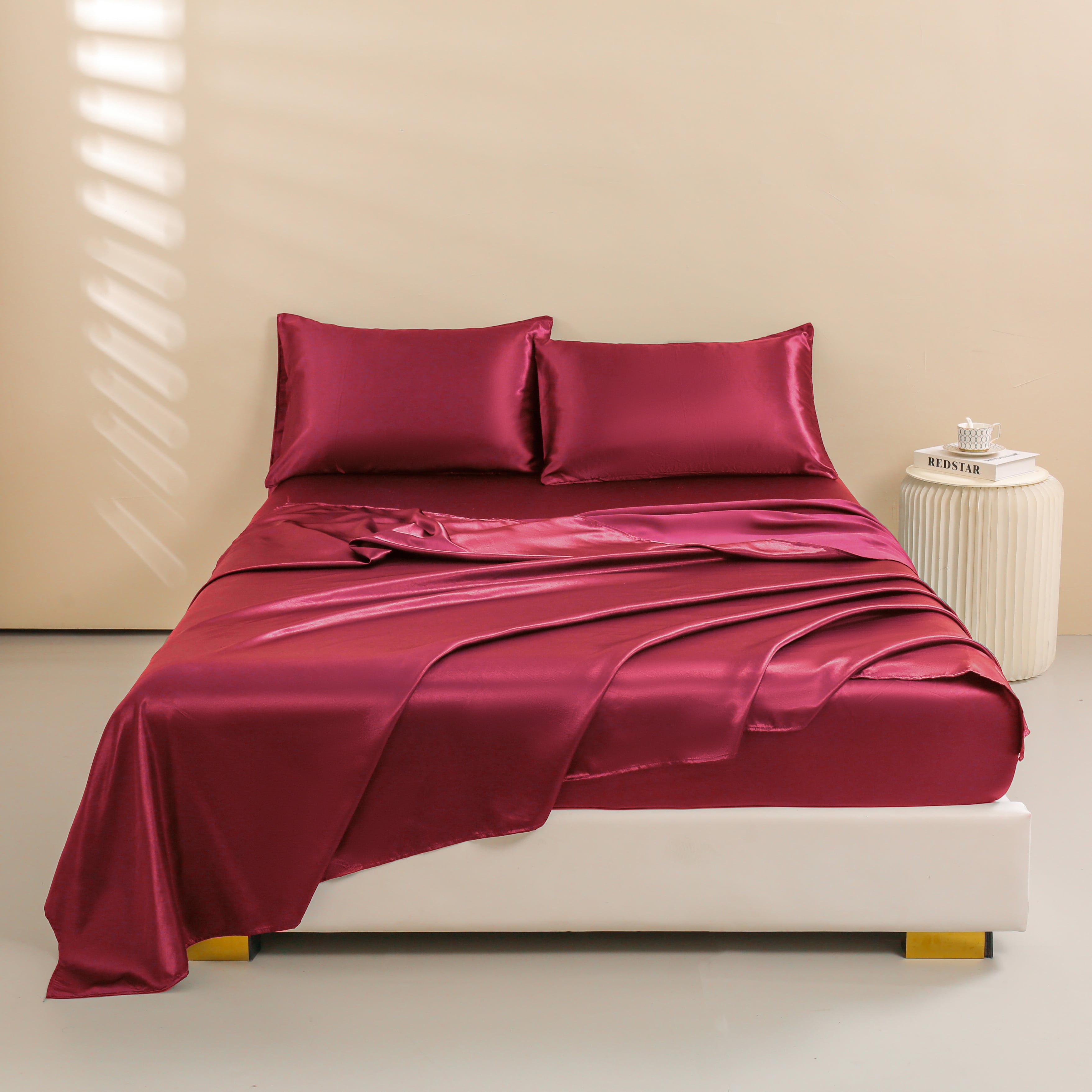 Btargot 4Pcs Silk Sheets Queen Deep Pocket Satin Sheets Set Burgundy Microfiber Cooling Bed