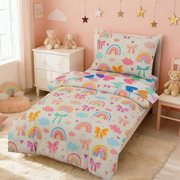 Btargot 4 Piece Rainbow Bows Toddler Bedding Set Cute Clouds Bowknot Comforter Set for Baby Girls
