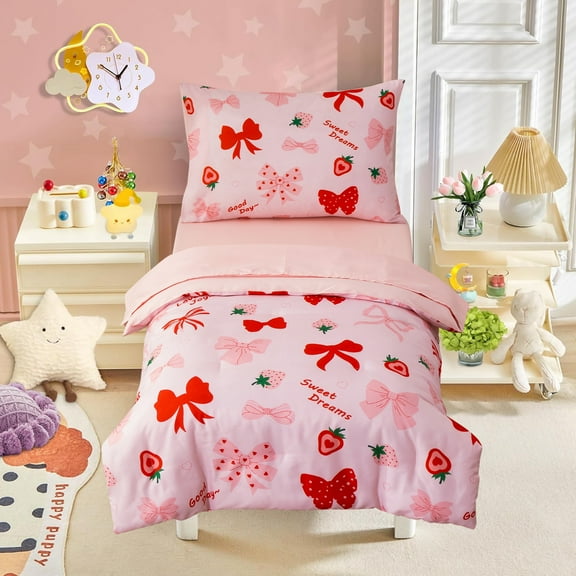Btargot 4 Piece Bows Toddler Bedding Set Pink Cute Strawberry Comforter Set for Baby Girls Boys