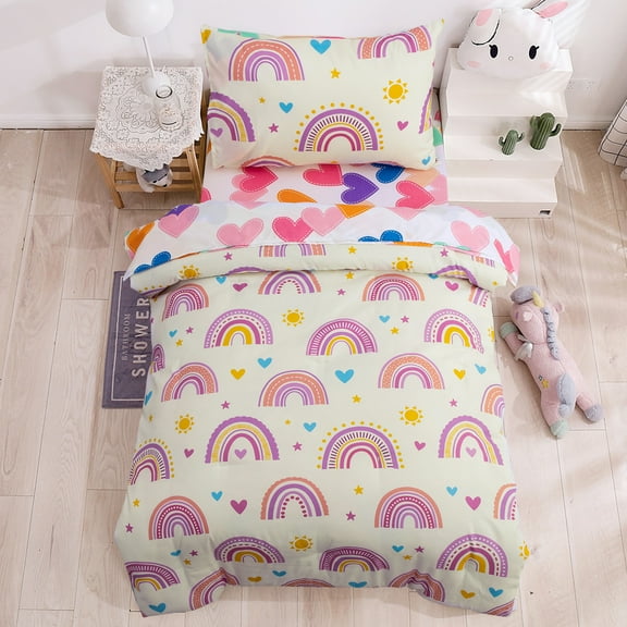 Btargot 4pc Toddler Bedding Set Purple Rainbow Cute Love Hearts Comforter Set for Baby Girls Colorful