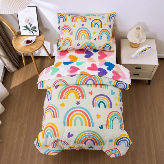 Btargot 4pc Toddler Bedding Set Rainbow Cute Love Hearts Comforter Set for Baby Girls Colorful