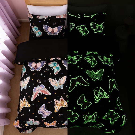 Btargot 5 Piece Butterfly Girl Comforter Set Twin Glow in the Dark Bohemian Style Kids Bedding Set