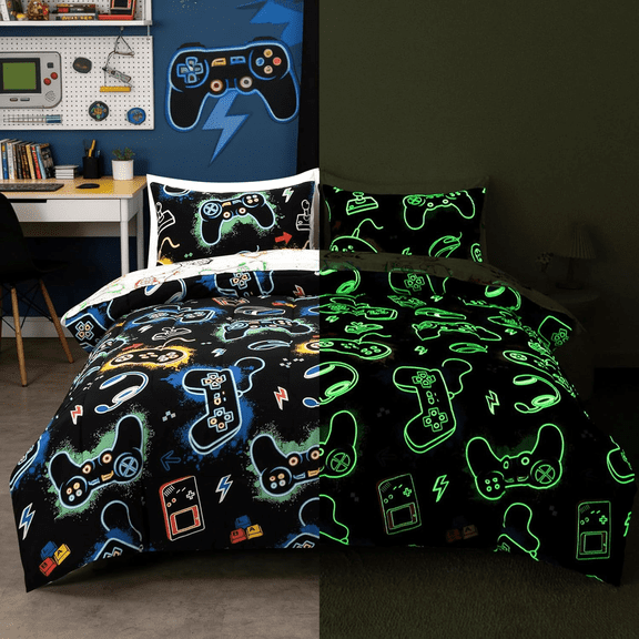 NTBED 5pc Glow in The Dark Kids Twin Comforter Set, Game Console Headset Printed, Gaming Bedding Set Twin Size for Boys Teens