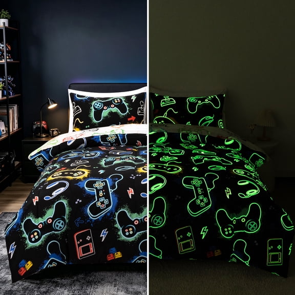 Btargot 5 Piece Gamer Glow in the Dark Boy Twin Comforter Set Game Controller Kids Bedding Set