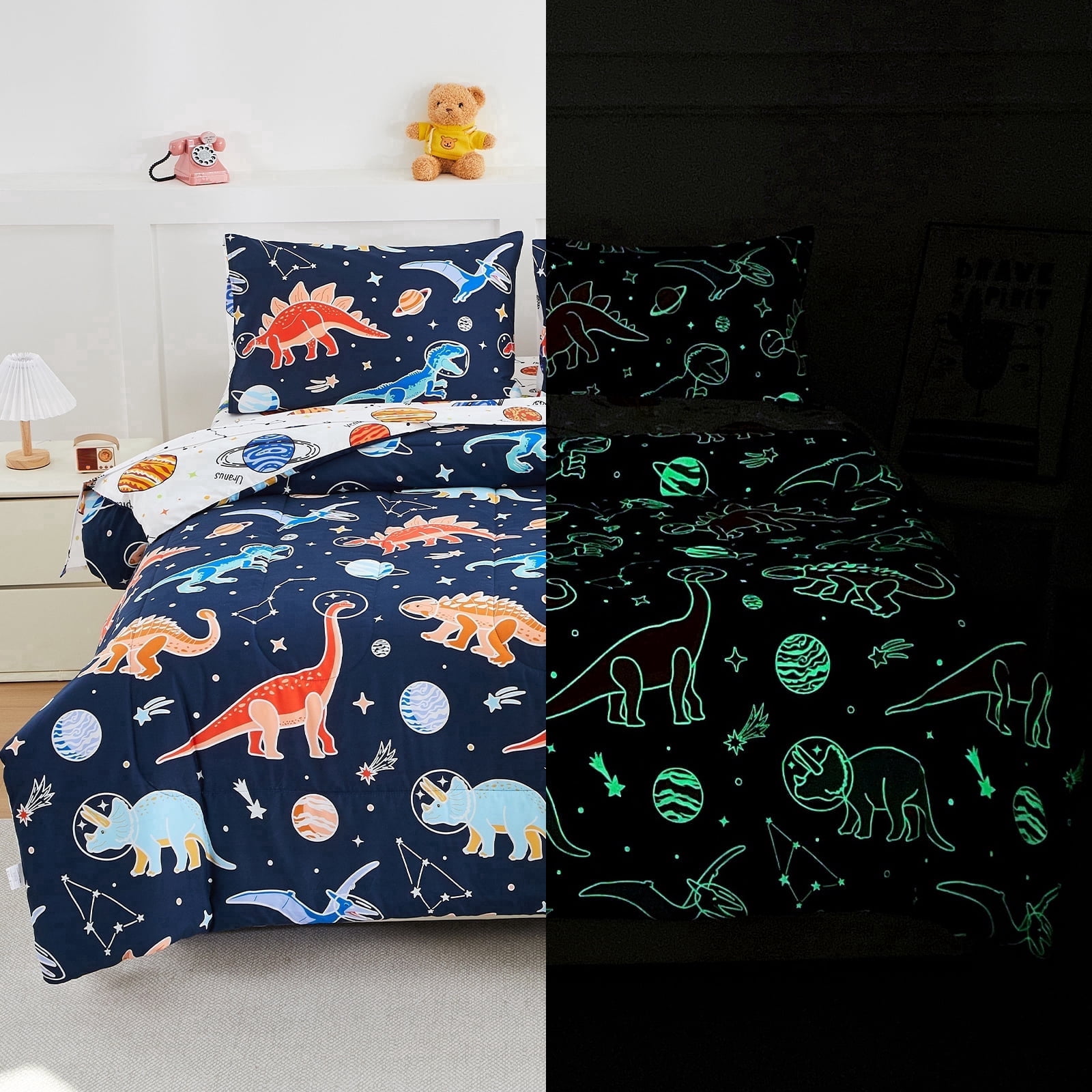 Btargot 5 Piece Glow In The Dark Boy Twin Comforter Set Dinosaur Space Galaxy Kids Bedding Set