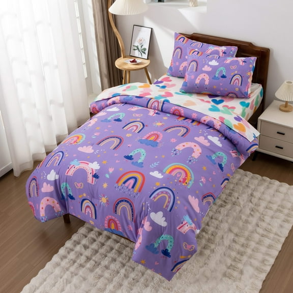 Btargot 5 Piece Purple Rainbow Bedding Set Twin for Girls Cloud Floral Stars Kids Comforter Set
