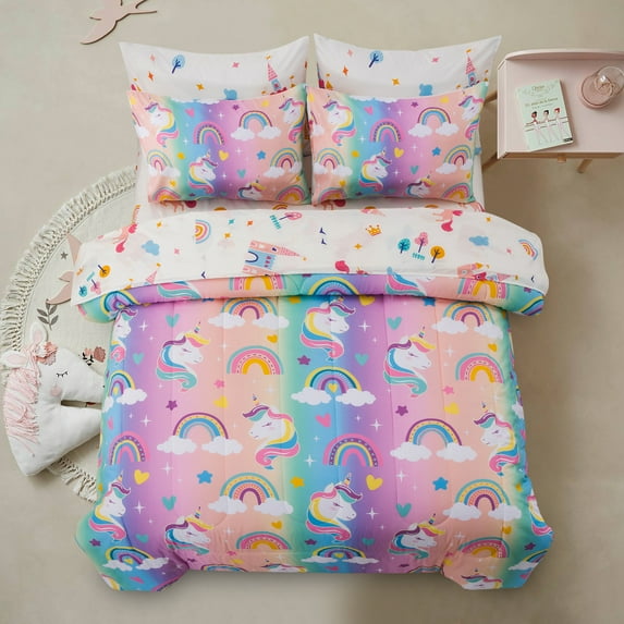 Btargot 5 Piece Unicorn Twin Comforter Set for Kids Girls Colorful Rainbow Star Bedding Set