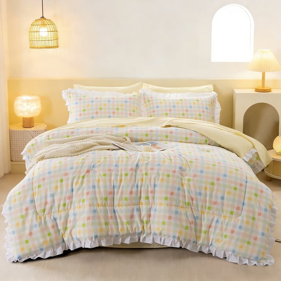 Btargot 5 Piece Ruffled Edge Colorful Plaid Girl Comforter Set Country Style Checkered Bed-in-a-Bag