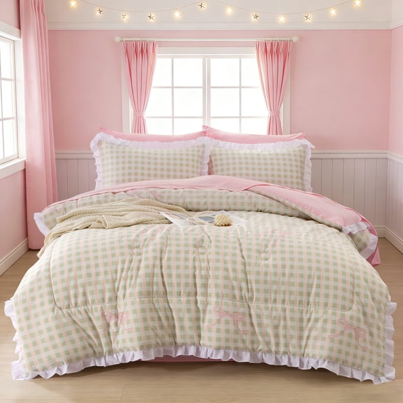 Btargot Dorm Room Essentials Girls Twin Bedding 5 Piece Green Plaid Checkered Bows Chic Comforter Set