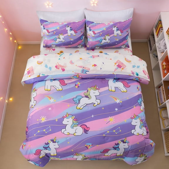 Btargot 5 Piece Colorful Unicorn Girls Comforter Sets Twin Pink Purple Rainbow Stars Bedding Set