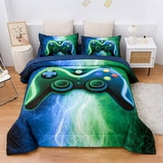Btargot 5PCS Boys Game Console Comforter Set Twin Lightning Gaming Bedding Set Blue-Green for Kids