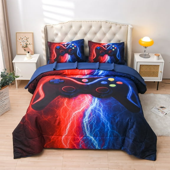 Btargot 5PCS Boys Game Console Comforter Set Twin 3D Lightning Gaming Bedding Set Red-Blue for Kids
