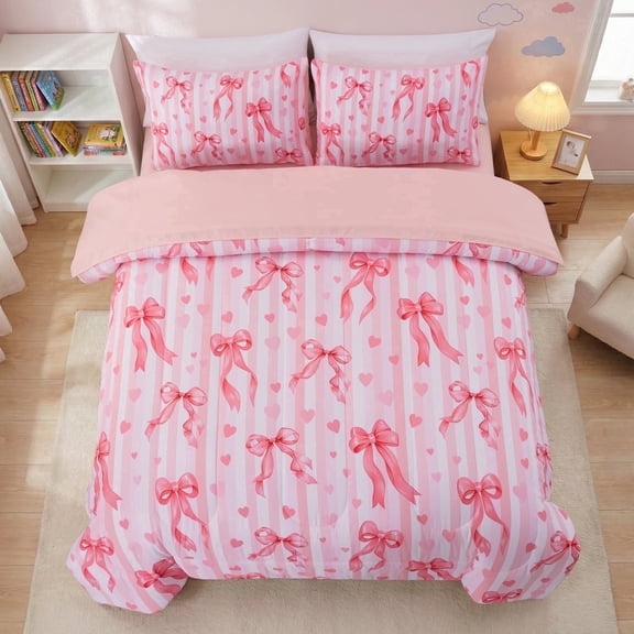 Btargot 5 Piece kids Comforter Set for Girl Stripe Bows Love Pink Bedding Set Bed-in-a-Bag