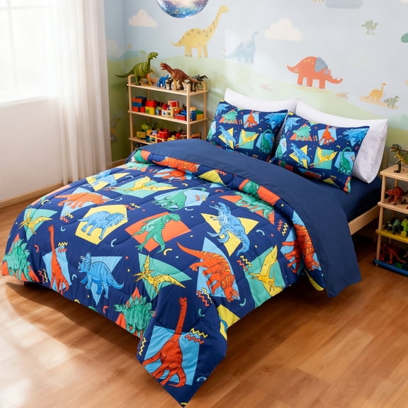 Btargot Kids Full Comforter Set 5 Piece Dinosaur Bedding Set for Boys Blue Soft Dino Bed in A Bag