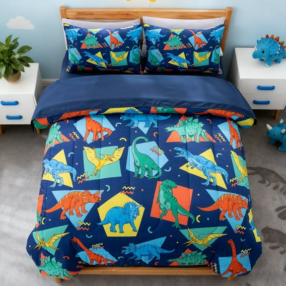 Btargot 5-piece Blue Dinosaur Twin Kids Comforter Set Geometric Patterns Colorful Dino Bedding Set