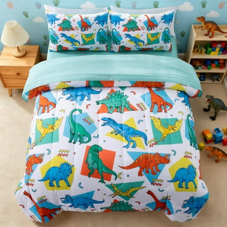 Btargot 5-piece Dinosaur Comforter Set Twin Geometric Patterns Colorful Dino Kids Bedding Set