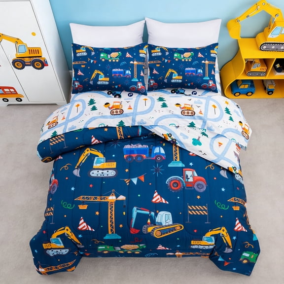 Btargot 5PCS Trucks Cranes Boy Comforter Set Full Blue Excavators Kids Bedding Set Bed-in-a-Bag