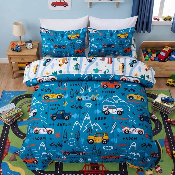Btargot 5 Piece Blue Car Comforter Set Twin Bedding for Boy Excavators Trucks Cars Bed-in-a-Bag