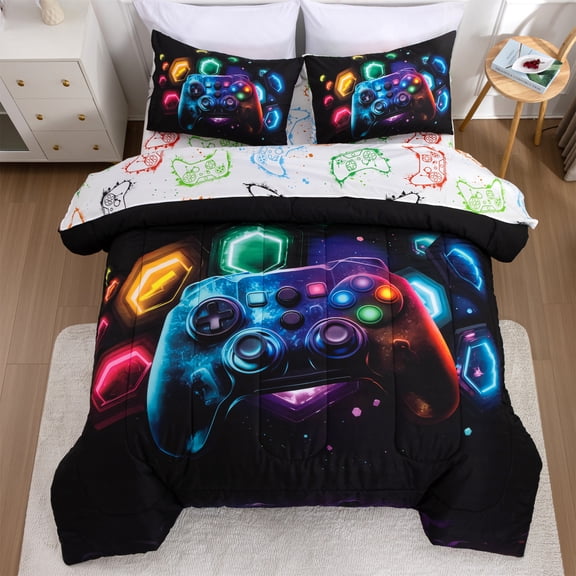 Btargot 5PCS Game Console Twin Comforter Set for Boys Girls Kids Space Gaming Geometric Bedding Set
