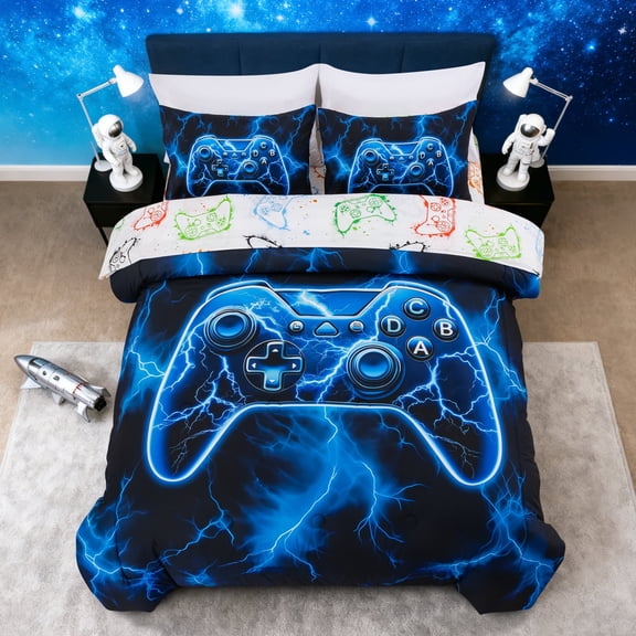 Btargot 5 Piece Kids Bedding Set for Boys Lighting Game Console Comforter Set Twin Bed-in-a-Bag