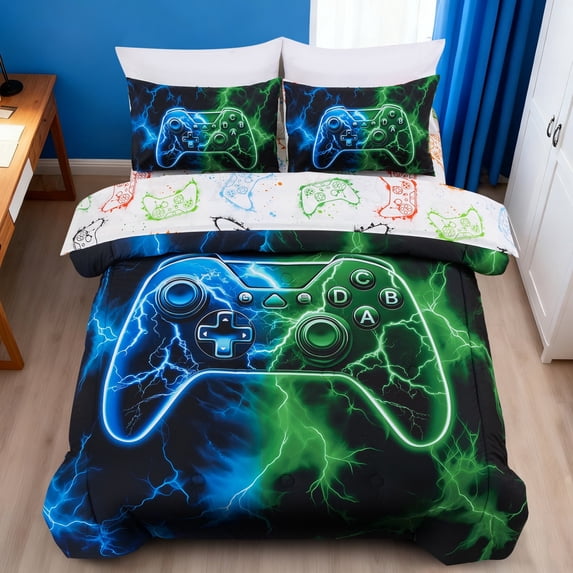 Btargot 5 Piece Lighting Gaming Boy Comforter Set Twin Blue Green Game Controller Kids Bedding Set
