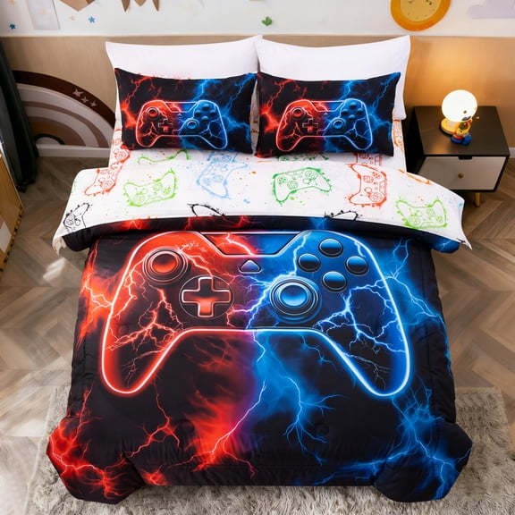 Btargot Gaming Boy Twin Comforter Set Red Blue Lightning Game Controller 5 Piece Kids Bedding Set