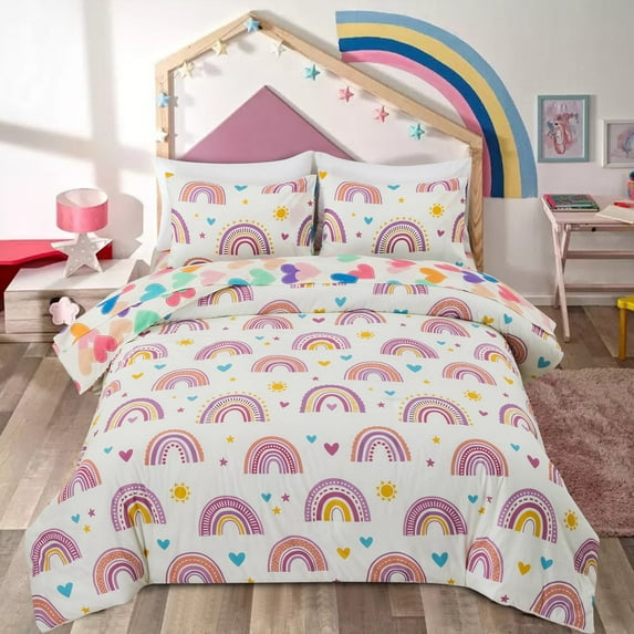 Btargot 5PCS Rainbow Girls Twin Comforter Set Purple Kids Love Rainbow Colorful Bed-in-a-Bag Bedding Set