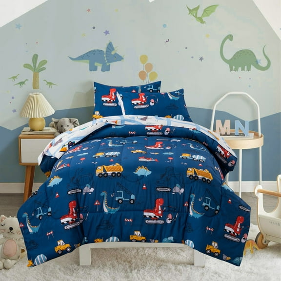 Btargot 5PCS Reversible Dinosaur Boy Comforter Twin Set Kids Blue Construction Truck Car Bedding Set