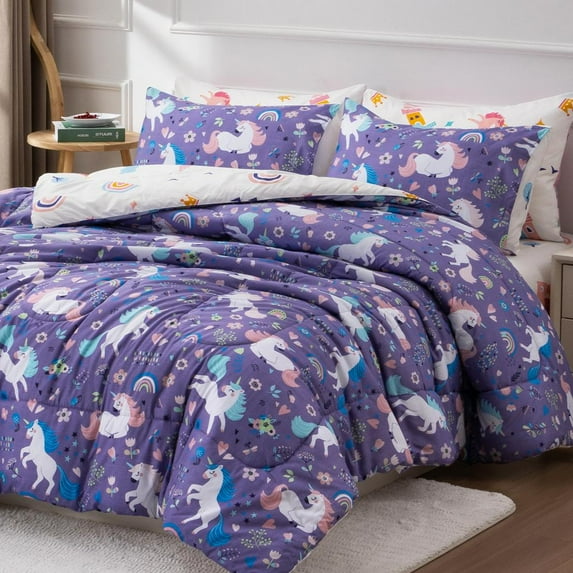 Btargot 5Pcs Floral Unicorn Bedding Set for Girls Purple Rainbow Flower Unicorn Comforter Set Full