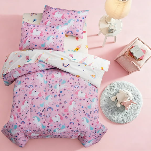 Btargot 5Pcs Pink Floral Unicorn Bedding Set for Girls Rainbow Botanical Unicorn Comforter Set Twin
