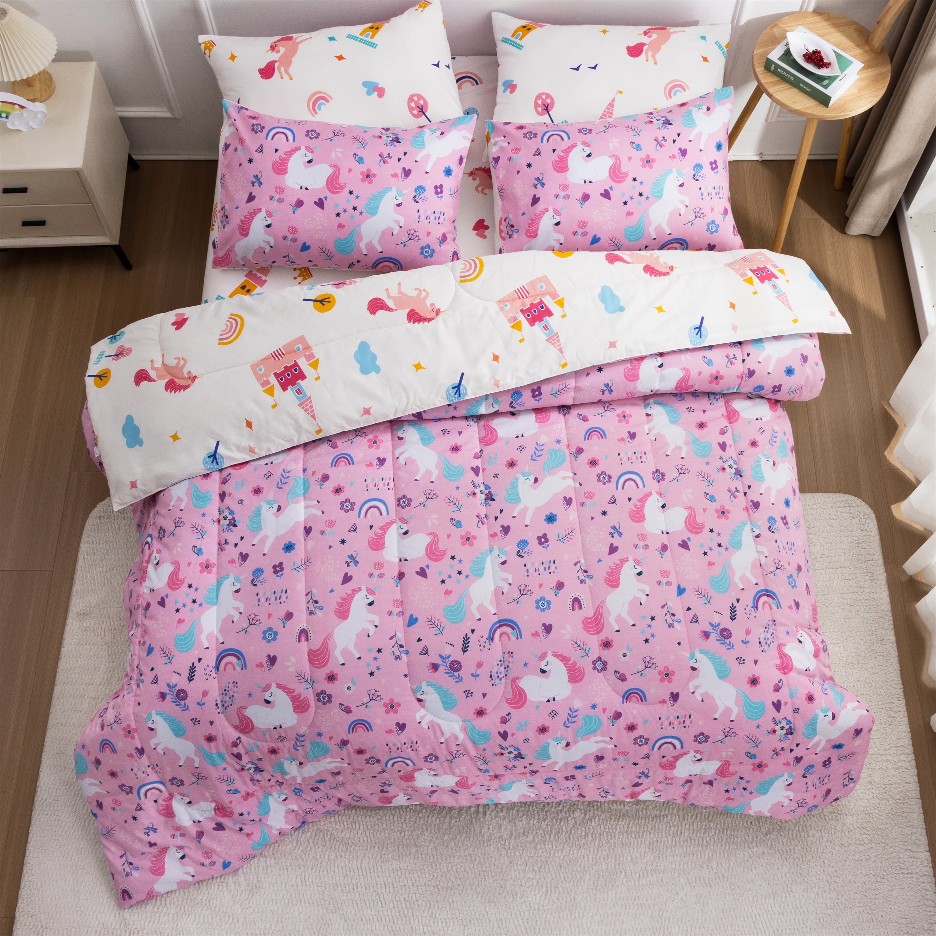Btargot 5Pcs Pink Floral Unicorn Bedding Set for Girls Rainbow Stars