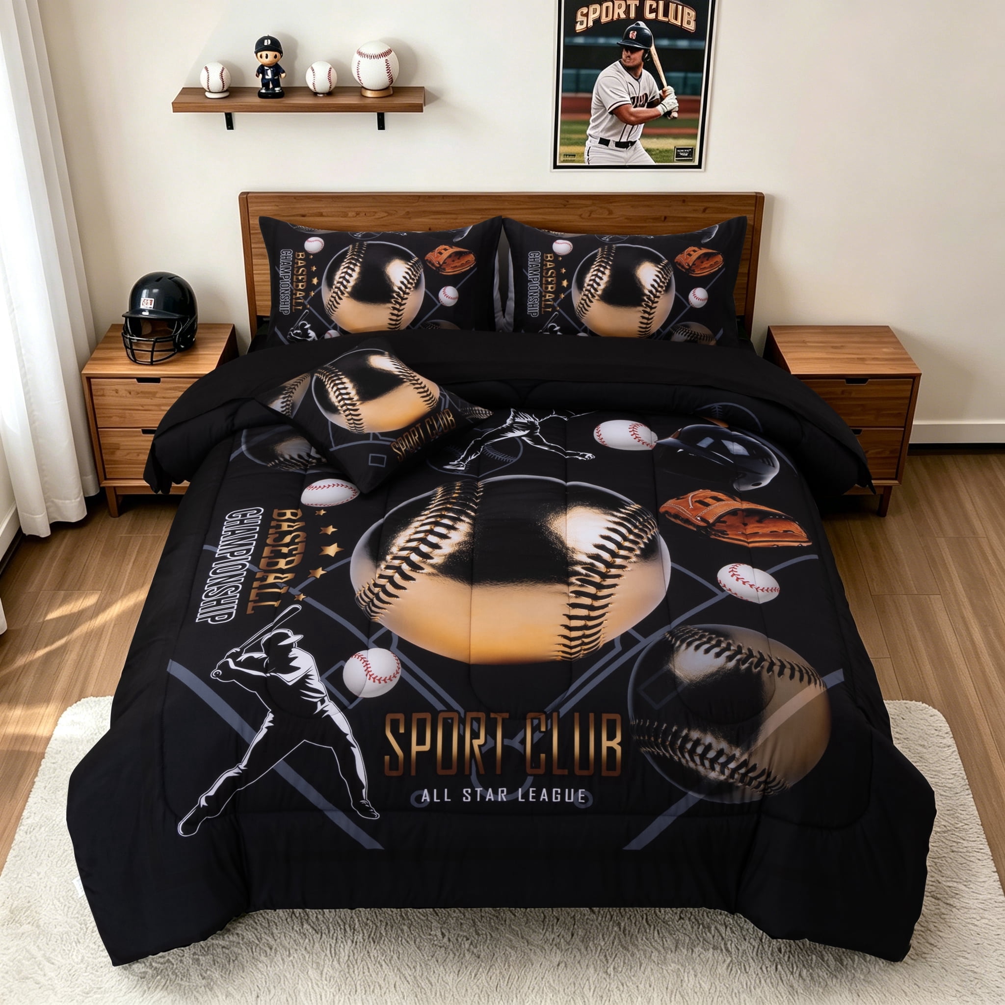 Btargot 6 Piece Baseball Boy Comforter Set Twin Black Gold Sports Themed Kids Bedding Set Bed-in-a-Bag