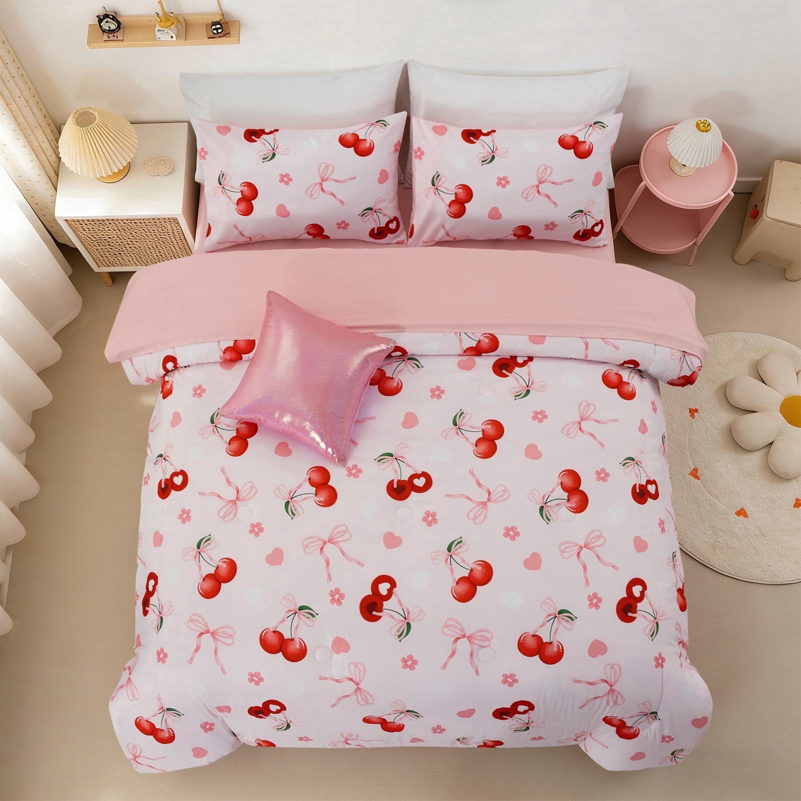 Btargot 6 Piece Bows Girls Twin Bedding Set Pink Cherry Love Hearts Flowers Girl Comforter Set
