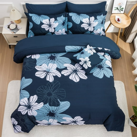 Btargot 6 Piece Floral Navy Queen Comforter Sets Soft Botanical Bedding Set Bohemia Bed-in-a-Bag