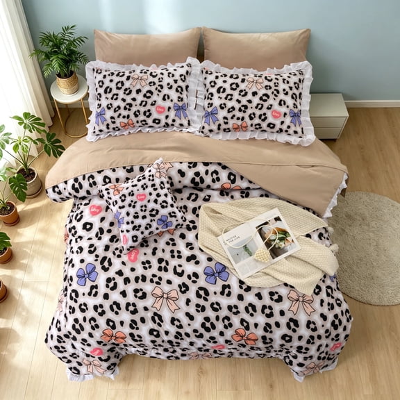 Btargot 6 Piece Leopard Print Queen Comforter Set Cute Bows Ruffles Wild Style Bohemian Bedding Set