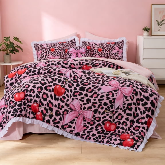 Btargot 6 Piece Leopard Print Twin Kids Comforter Sets for Girls Pink Bows Cherry Ruffles Princess Bedding Set