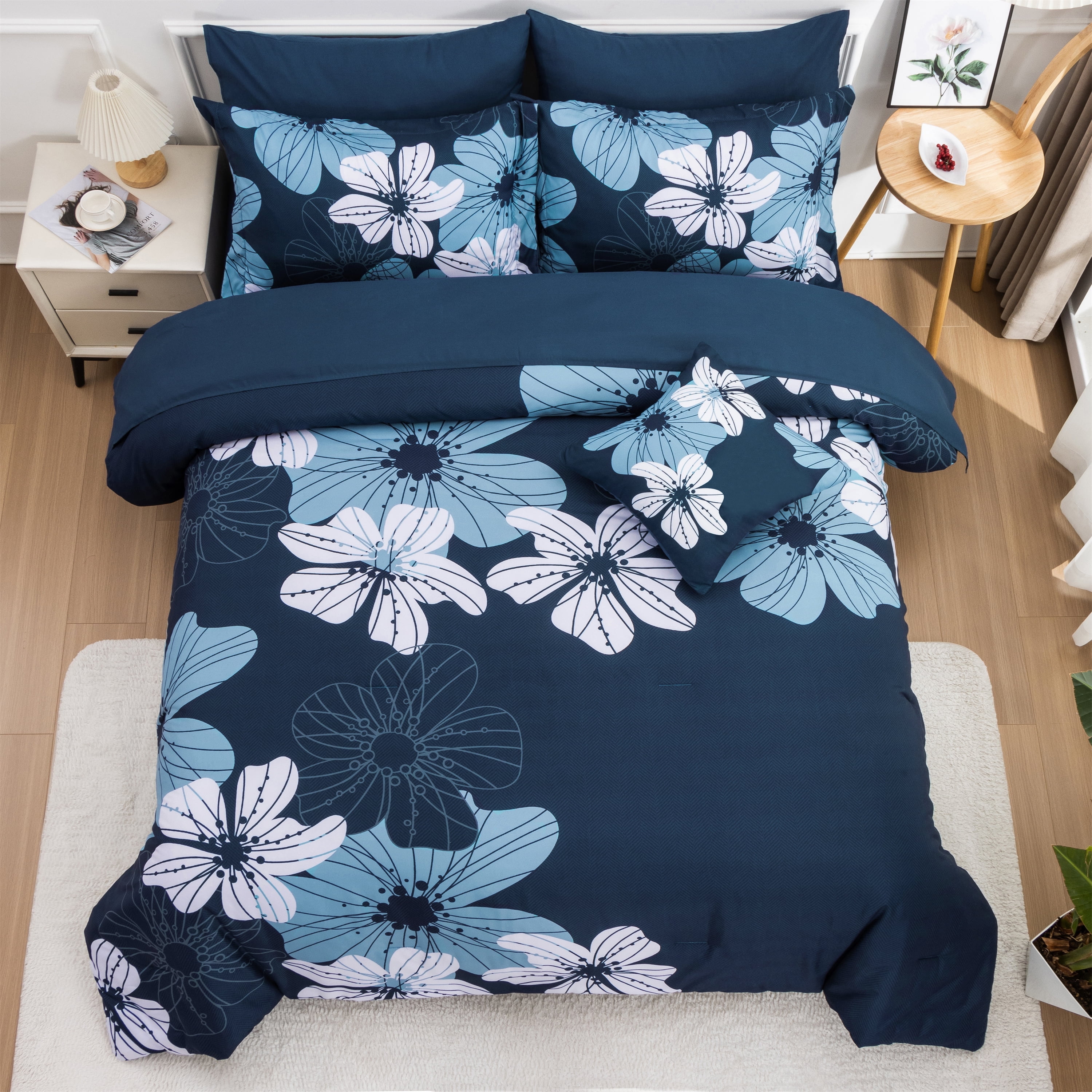 Btargot 6 Piece Navy Comforter Sets King Adult Floral Bedding Set Botanical Boho Flower Bed-in-a-Bag