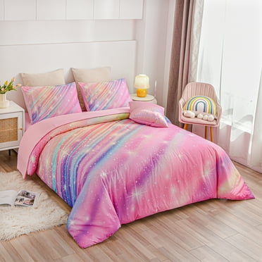 Btargot 6 Piece Pink Star Rainbow Full Comforter Set for Girls Kids Teens Gradient Star Ring Galaxy Bedding Set