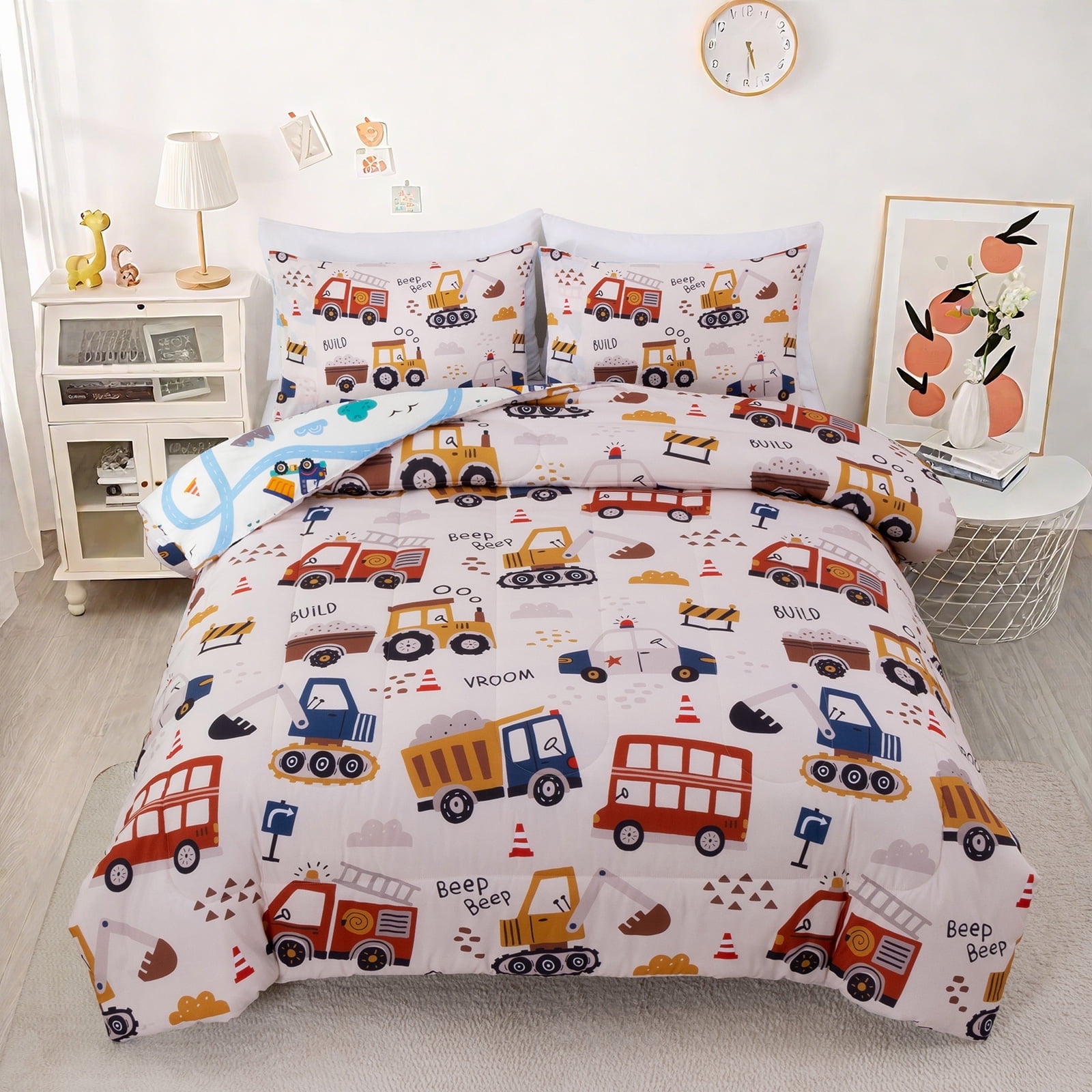 Btargot 3 Piece Bus Truck Twin Comforter Set for Boys Kids Vehicles Excavator Police Car Bedding Set