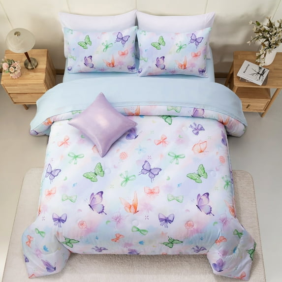 Btargot 6-piece Tie-Dye Butterfly Bows Twin Comforter Set Colorful Gradient Floral Bedding Set