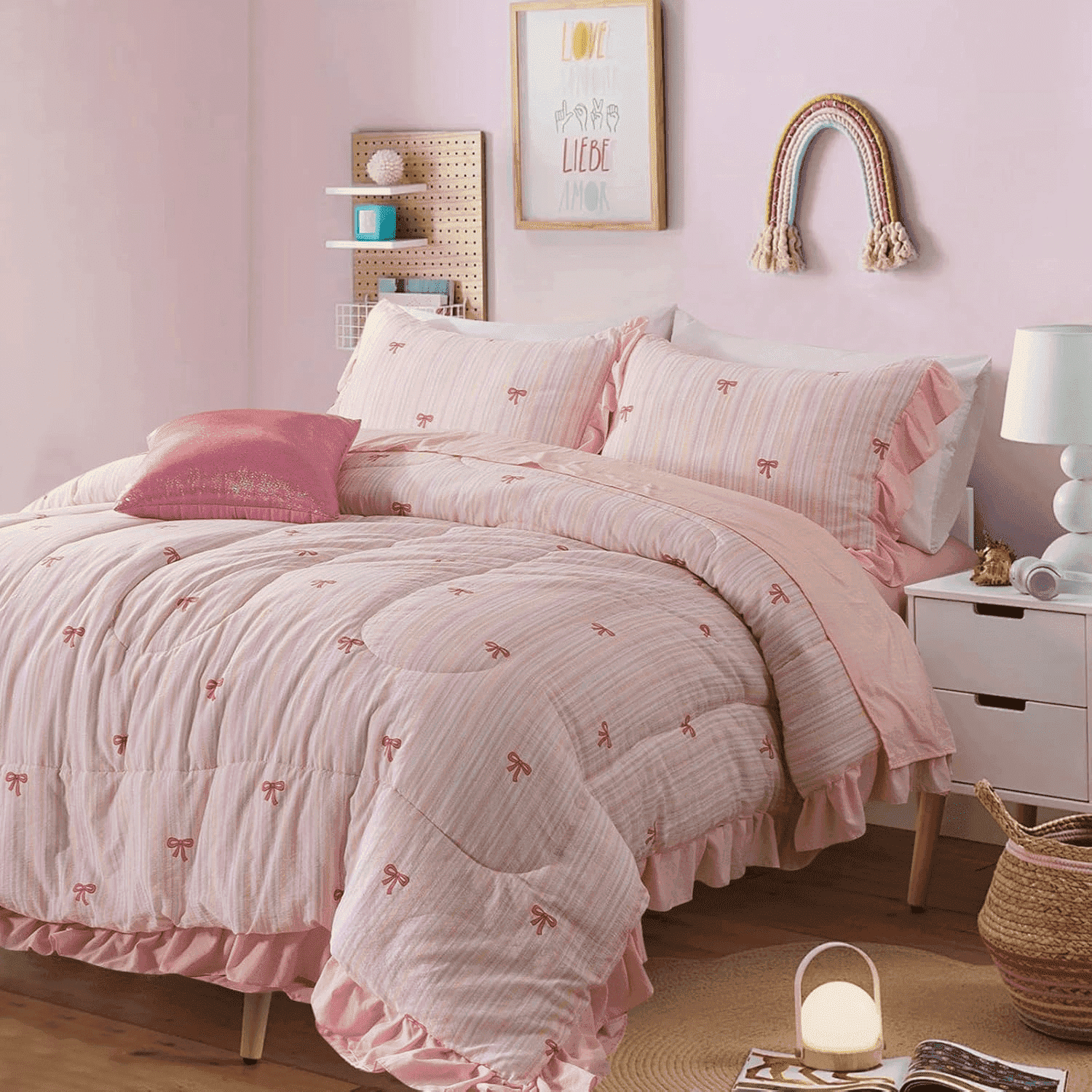 Btargot 6 Piece Rainbow Stripe Bows Comforter Set Twin Ruffle Princess Girl Bedding Set Bed in a Bag
