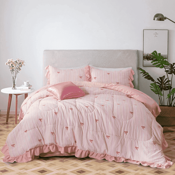 Btargot 6 Piece Colorful Stripe Bows Full Comforter Set Rainbow Ruffle Princess Girl Bedding Set