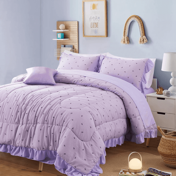 Btargot 6-piece Purple Bows Comforter Set Full Ruffle Princess Style Bedding Set Bed in a Bag