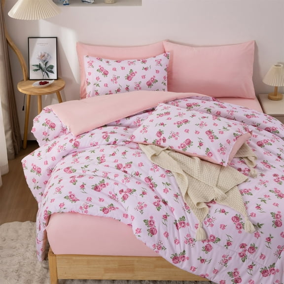 Btargot 6PC Bed in a Bag Full Pink Floral Comforter Set Roses Botanical Flowers Bedding Set