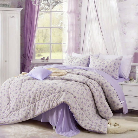 Btargot 6-piece Floral Comforter Set Full Purple Flower Roses Bedding Set Country Style Bed Set