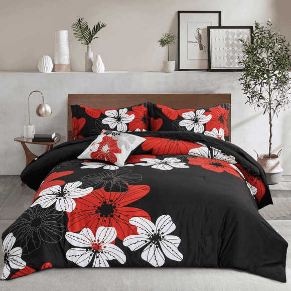 Btargot 6PCS Black Floral Comforter Set Queen Adult Gray Botanical Boho Bedding Set Flower Bed Set
