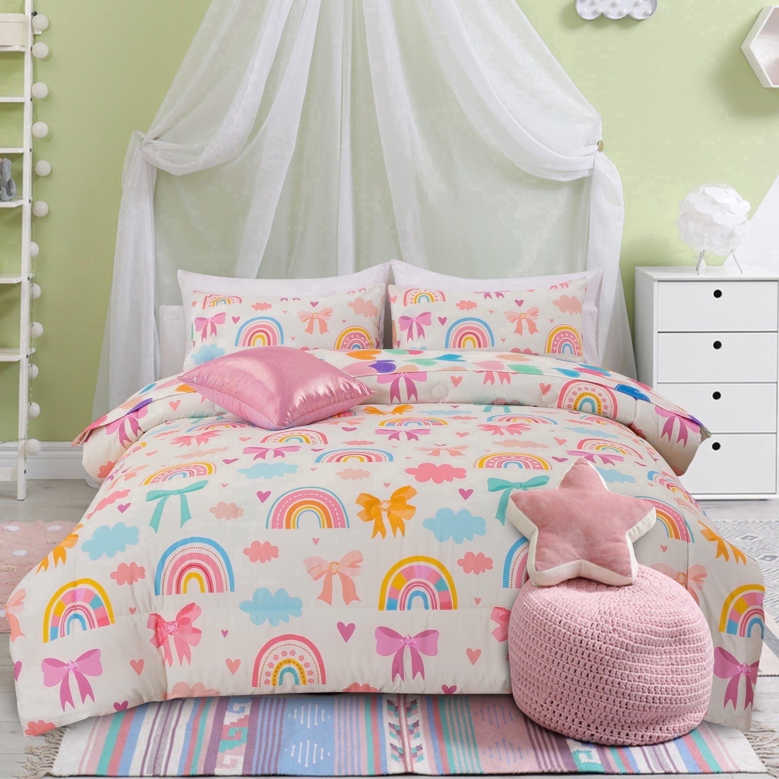 Btargot 6-piece Bows Rainbow Full Comforter Set for Girls Kids Cute Bowknot Bedding Set Bed-in-a-Bag